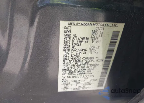 2005 Nissan Pathfinder Se z USA, uszkodzony, nr VIN 5N1AR18U65C730195